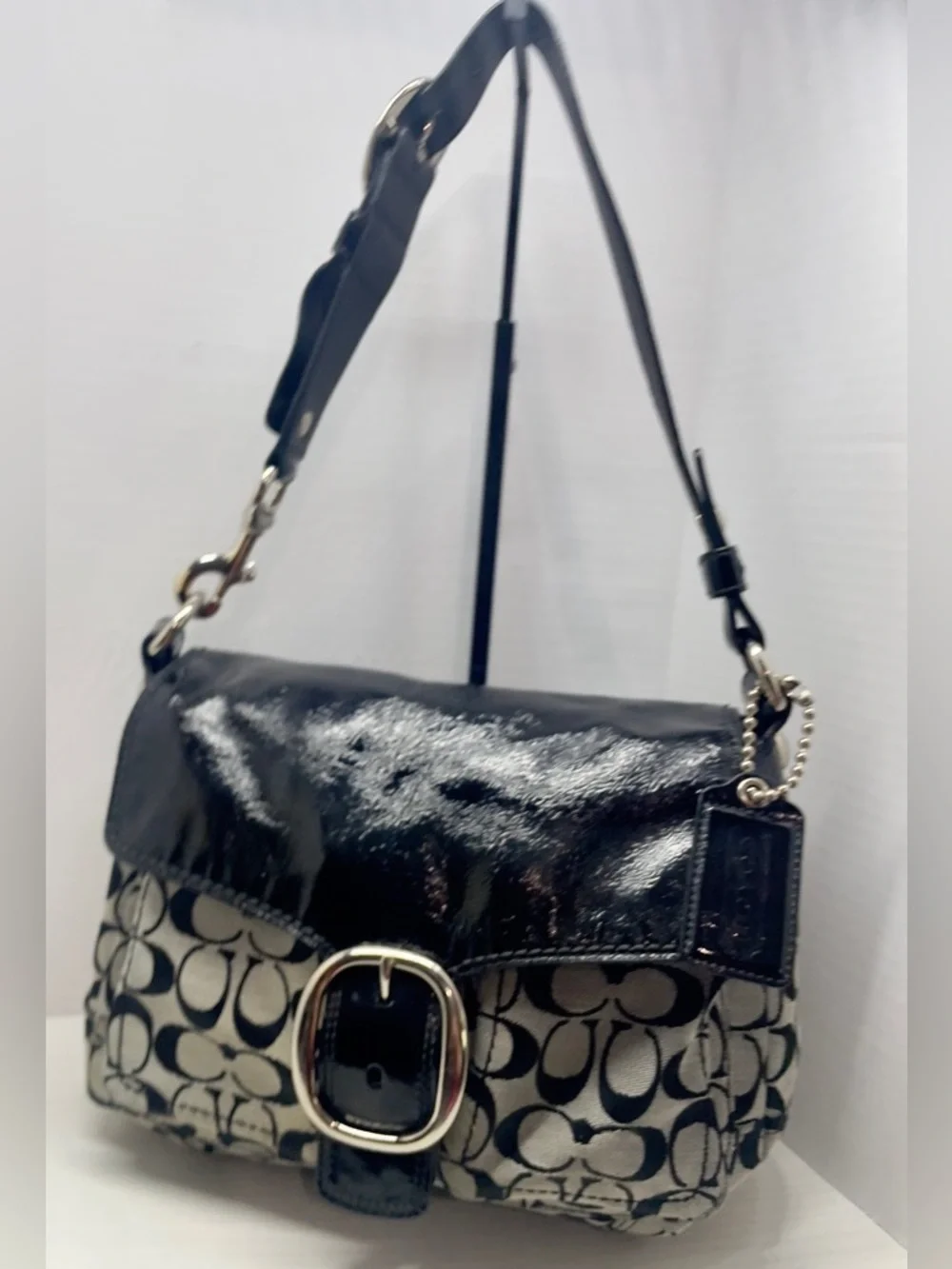 Coach Bleecker 2008 Signature Flap Shoulder Bag 12562 Black Patent Trim, Buckle - Picture 2 of 14